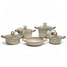 10pcs Granite Nonstick Cookware Set Aluminum Die-Cast Induction Gas Compatible Tempered Glass Lid - Brown - View 2