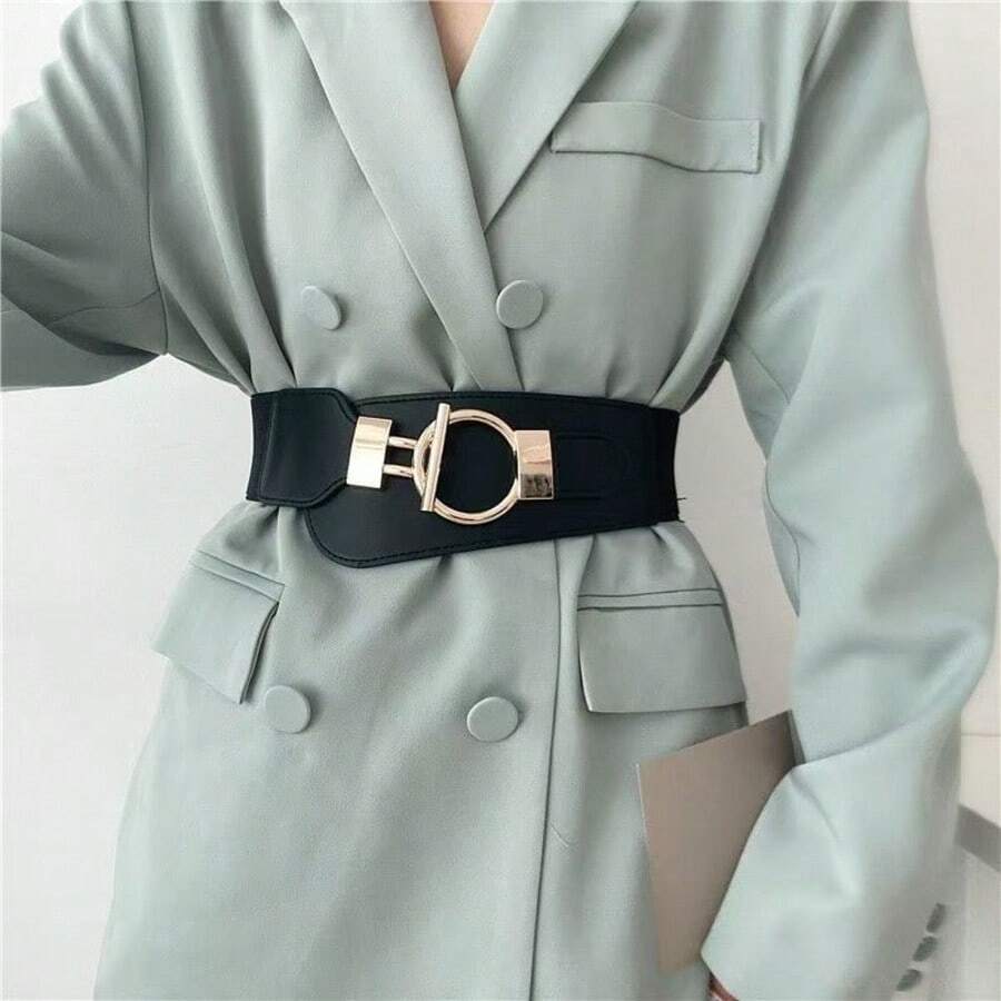 1-Piece Women's Solid Color Casual Retro PU Leather Waist Belt, Suitable For All Seasons, Retro Niche, Elastic Waistband, Decorative, For Dresses, Coats, High-End, Versatile, Simple Coat Belt - Black - View 1
