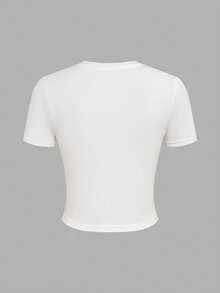 可客製化女款短袖短版 T-shirt，自定義印花－可添加文字與照片設計 Y2K 風格 T-shirt，運動款 - 白色 - 查看 3