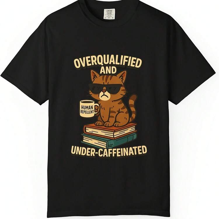 playera de gato humorístico, playera sobrecalificada y poco cafeinada, regalo para los amantes de los gatos, drtida playera uni, playera entusiasta del café - Negro 2 - Añade 1