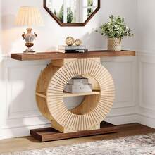 LITTLE TREE Entryway Sofa Table With Circle Base, Console Table With Storage And Shelves For Living Room, Hallway - Brown - View 8
