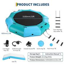 Trampolín Inflable de Agua 10FT - Plataforma Rebotante Flotante para Adultos con Escalera de Cuerda 4 Pasos, Soga de Amarre, Bomba de Aire y Bolsas de Anclaje - Ideal para Lago, Piscina y Océano - azul - Ver 2