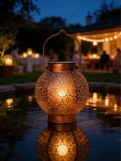1pc Solar Outdoor Metal Lantern, Metal Hollow Carved Projection Light, Suitable For Decoration In Gardens, Lawns, RVs, Weddings, Terraces, Porches And Other Places, Home Decoration, Ramadan Decoration, Unique Holiday Gift
