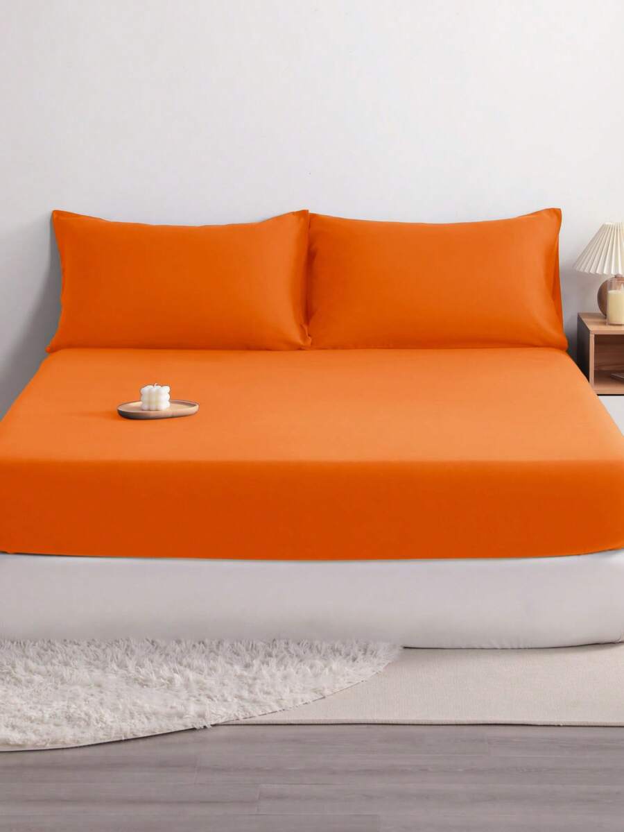 3pcs Solid Color Fitted Sheet Set With 1pc Fitted Sheet+2pcs Pillow Case Without Filler, Modern Soft Bedding Set For Household Sheet Deep Pocket Up To 15 Inch - 橘色 - View 1