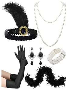 6件套1920年代复古女郎派对服装配饰 - 复古发箍、耳环、仿珍珠项链、仿羽毛围巾、手套 - 适合派对、1920年代主题角色扮演、化装舞会、正式晚宴、新年派对和情人节 - 彩色 - 查看 13