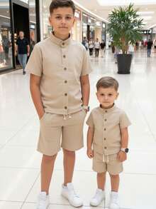 Boys' Linen Outfit With Mandarin Collar. - Beige - View 1