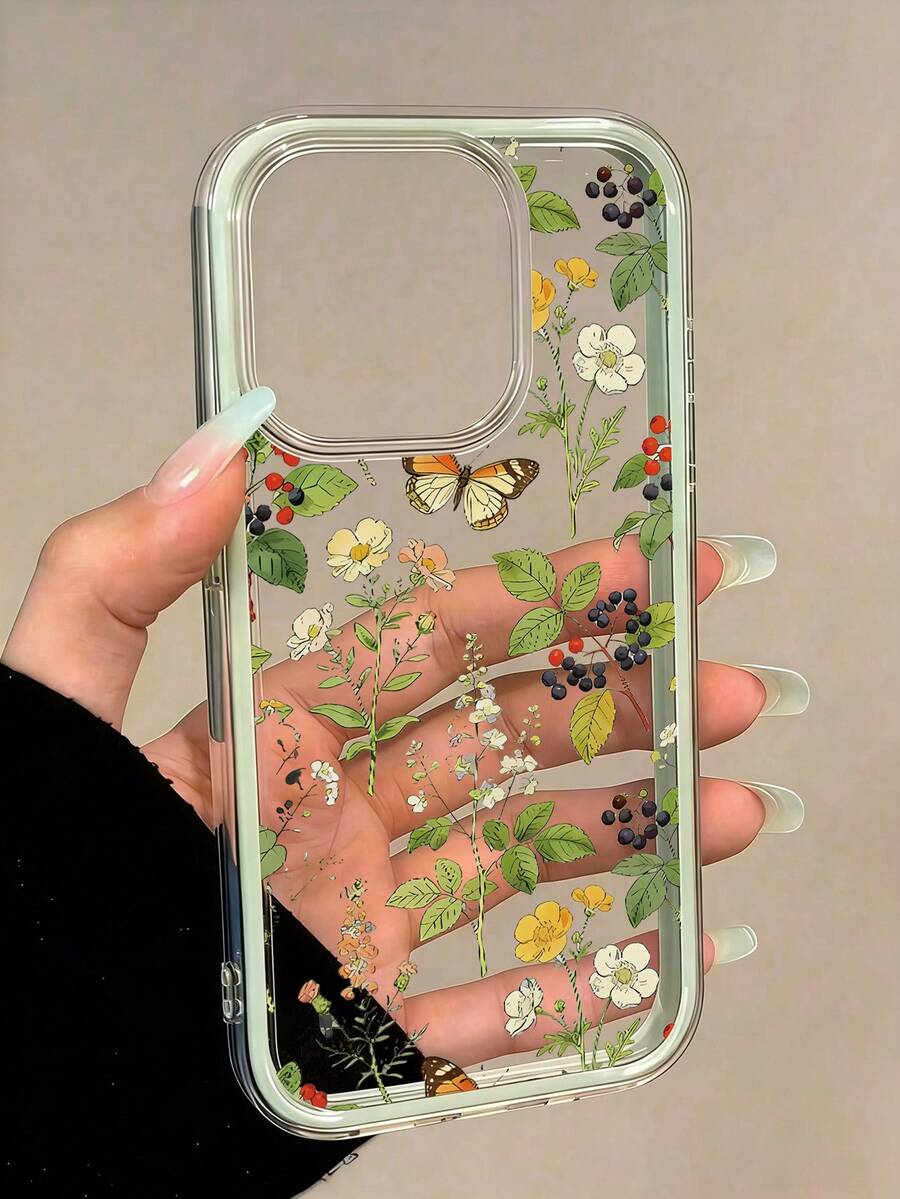 1pc 2-In-1 Green Butterfly Flower Leaf Print Phone Case Compatible With Apple 17/17Pro/17ProMax/16/16Pro/16ProMax/15/15Pro/15ProMax/14/13/12/11, Shockproof Soft Protective Cover - Green - View 1
