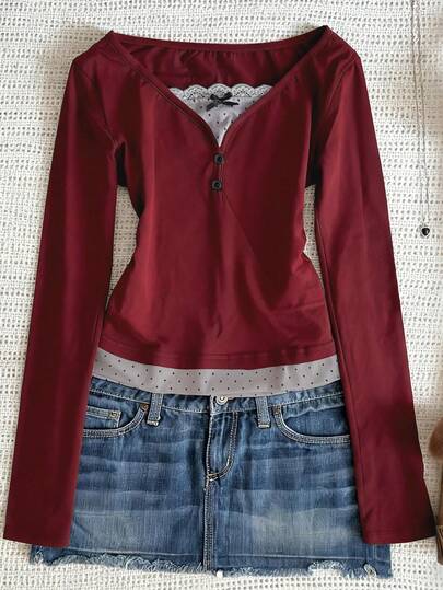 Fashionable Casual Women's Polka Dot Print Chiffon Patchwork Bow Decor Long Sleeve Top Spring