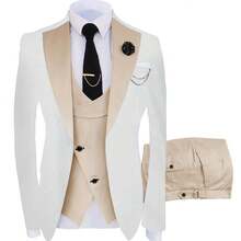 A Three-Piece Suit For Groomsmen, Featuring A Slim Fit Tuxedo Ideal For Wedding Dances, Includes A Stylish Jacket, Trousers, Vest, Tie, Tie Clip, Handkerchief, Two Cufflinks, A Boutonniere, And A Brooch For Formal Occasions - 米色 - 查看 1