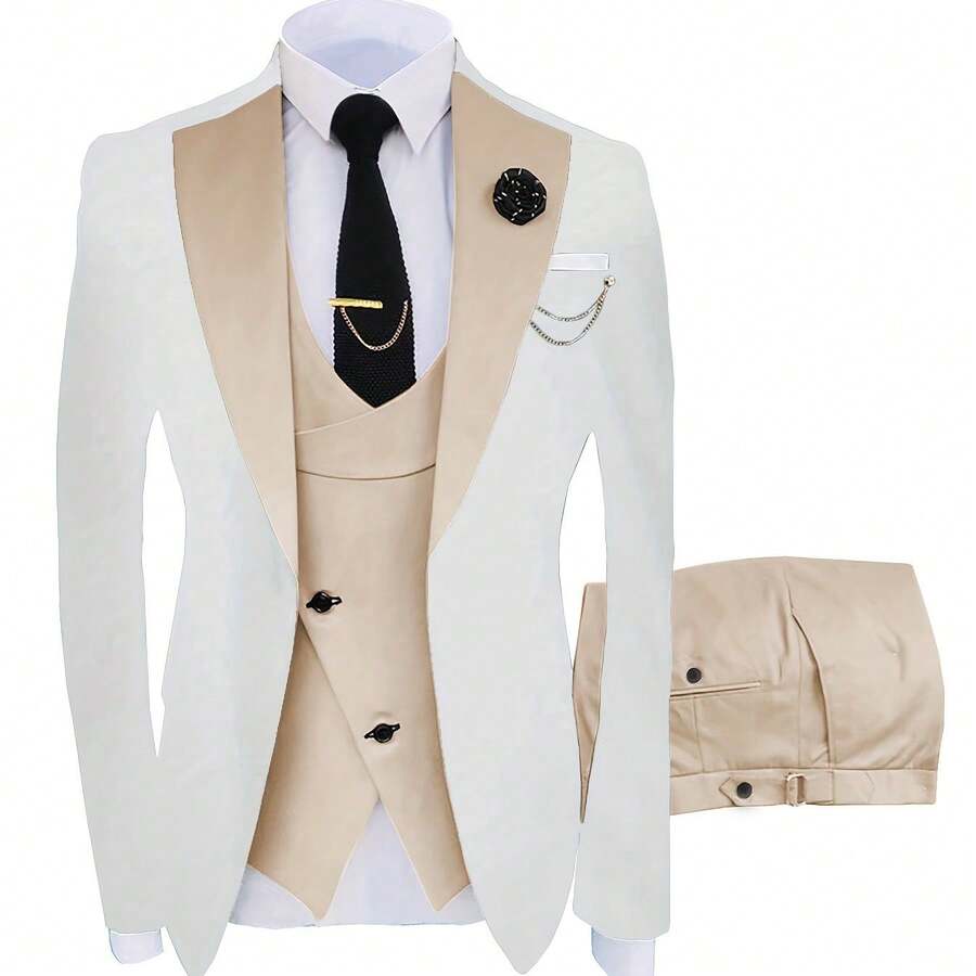 A Three-Piece Suit For Groomsmen, Featuring A Slim Fit Tuxedo Ideal For Wedding Dances, Includes A Stylish Jacket, Trousers, Vest, Tie, Tie Clip, Handkerchief, Two Cufflinks, A Boutonniere, And A Brooch For Formal Occasions - 米色 - 查看 1