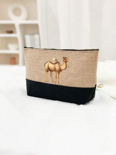 1个卡其色女士手提包，驼色图案，印花化妆包，可重复使用，休闲收纳包，大容量旅行化妆包，多功能便携包，化妆品和洗漱用品收纳包，拉链化妆包，轻便零钱包，洗漱包，送给女性的理想礼物，非常适合斋月、开斋节、情人节，斋月礼物，女士旅行礼品包