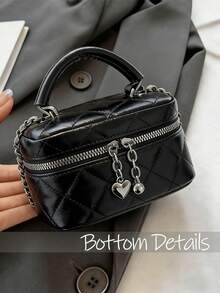 1pc Women Mini Handbag, Fashion Solid Color Embroidered Rhombus Pattern Crossbody Bag Fits Cards & Keys - màu đen - Xem 9