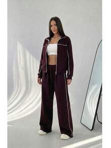 Women's Casual Zip-Up Jacket And Pants Set, Autumn Sports Outfit - Burgundy - View 2