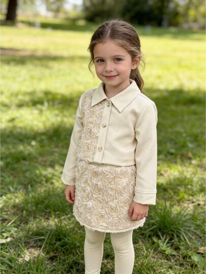 Bộ đồ thường ngày dễ thương cho bé gái: Áo khoác lưới thêu màu trơn + Chân váy lưới thêu màu trơn