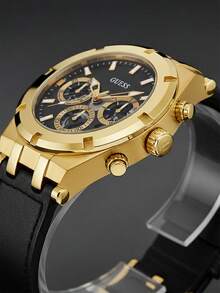 Guess Reloj de cuarzo de moda casual de negocios para hombres con tres esferas, función múltiple, esfera negra y dorada hueca, correa de silicona - GW0262G2 - Dorado - Ver 7
