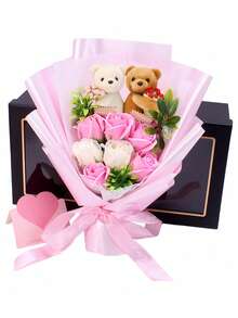 1个可爱卡通鼻涕熊玫瑰花束毛绒泰迪熊玩偶，柔软填充，手捧玫瑰花束，彩虹小马，棕熊毛绒玩偶，适合作为送给女朋友、闺蜜、生日、圣诞节的礼物 - 彩色 - 查看 3