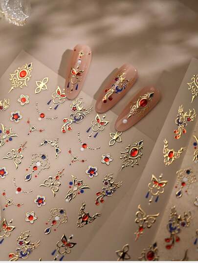 Gold Retro Nail Art Stickers - 3D Red Gel Gem Nail Decals - Self-Adhesive Waterproof Nail Polish Stickers With Glittering Hearts, New Year Nail Art Decorations