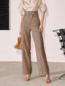 Women's Solid Color High Waisted Straight Leg Casual/Business Pants, Spring And Summer - Khaki - View 1