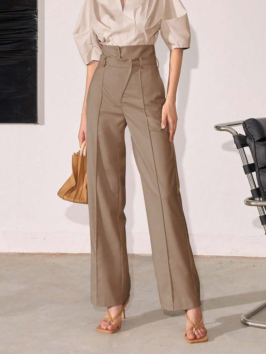 Women's Solid Color High Waisted Straight Leg Casual/Business Pants, Spring And Summer - Khaki - View 1