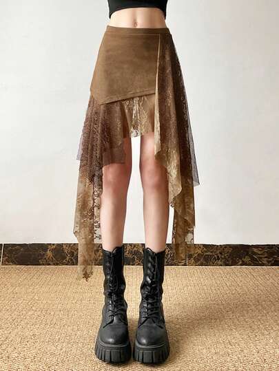 Top Dazzle Women's Asymmetrical Short Skirt With Contrast Lace Detail Elegant Party Casual Style Polyester Fabric Slight Stretch Carnivals Country Concert