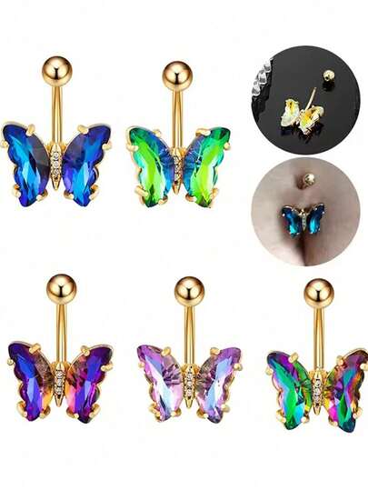 1 قطعة حلقة سرة من الفولاذ المقاوم للصدأ بتصميم فراشة ملونة