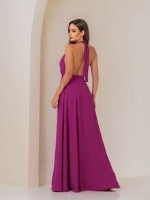 Yasmin Halter Neck Long Dress With Tie Straps, Formal Evening Party Dress, Wedding, Graduation, Flowing Long Skirt With Lining And Slit, NM Nana Marie - 玫瑰紅 - 查看 2