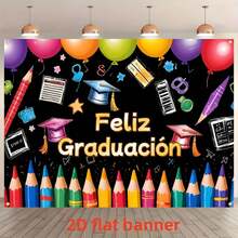 Vibrant Spanish Graduation Banner With Colorful Pencils, Bachelor Caps & Balloons - Polyester Backdrop For School Celebrations, Graduation/Birth Photo Props, And Party Decorations, Graduation Party Decorations - 1PC - 查看 1