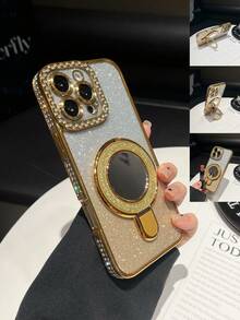 1pc Rhinestone Electroplated Laser Engraved Mirror Stand TPU Phone Case, Compatible With IPhone 16/7P/8P/X/XS/XR/XS Max/11/11 Pro/11 Pro Max/12/12 Pro/12 Pro Max/13/13 Pro/13 Pro Max/14/14 Pro/16 Plus/14 Pro Max/15/15 Pro/15 Plus/15 Pro Max - Gold - View 2