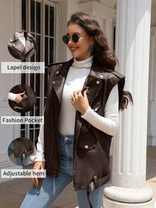 Risissida 女士简约时尚无袖夹克外套，适合秋冬季户外旅行，皮革女式夹克 - 咖色 - 查看 5