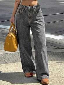 Women's Casual Grey Denim Straight Leg Jeans With Zipper Closure Long Non-Stretch Fabric For Everyday Wear - Grey - View 5