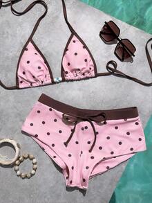 Bộ bikini nữ màu vàng chấm bi kiểu retro, thích hợp cho các buổi đi chơi, phong cách Y2K, dạo phố, nghỉ mát, bãi biển mùa hè. - Hồng - Xem 12