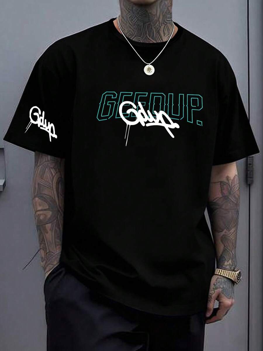 Camiseta Casual Masculina com Estampa de Letra, Camiseta de Manga Curta com Decote Redondo para Casal, Adequada para Primavera/Verão, Dia dos Namorados - Preto - Visão 1