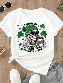 Women's T-Shirt St Patricks Day Skeleton With Coffee And Clover Print Dead Inside But Feeling Luck Ay Design For Casual Wear Party Celebration - White - View 2