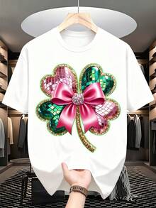 Shamrock Bow Design Graphic T-Shirt St Patrick's Day Celebration Shirt Lucky Charm Print Top, It Is A Perfect T-Shirt To Give To Friends And Family On Any Holiday Or Festive Occasion, 220g - 白色 - 查看 2