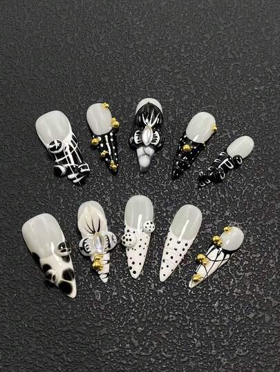 10-Piece Pure Handmade Wearable Nails Press Nails 33mm Thin High-Heeled Long Nails French Nails Three-Dimensional Modeling Glue Carving Technology Suitable For Women To Wear. There Are Three Sizes To Choose From. Suitable For A Variety Of Occasions, Parties, Balls And Daily Wear