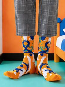 1/3 paire Chaussettes d'équipage en coton peigné décontractées unisexes pour couple, motif ligne de graffiti couleur contrastée et art abstrait. Convient pour les voyages, la maison, le bureau, les cadeaux de fête - Multicolore - Voir 9