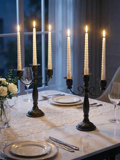 1 Pc Black Wrought Iron Three-Headed Candle Holder, European Vintage-Style Candle Holder, Suitable For Dining Table, Weddings, Birthdays, Living Room, Entrance, Tea Room, Desktop Decor, High-End Restaurants, Fireplace Side, Family Gatherings, Eid Festival Celebrations, Ornaments, Yoga Meditation