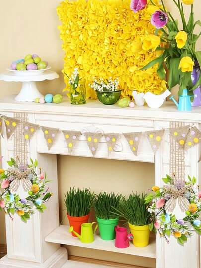 إكليل عيد الفصح بشريط وفيونكة، بيض فصح صغير واقعي، ديكور موضوع الربيع، مناسب للخزانة والنافذة والباب والطاولة والديكور المنزلي بطراز المزرعة