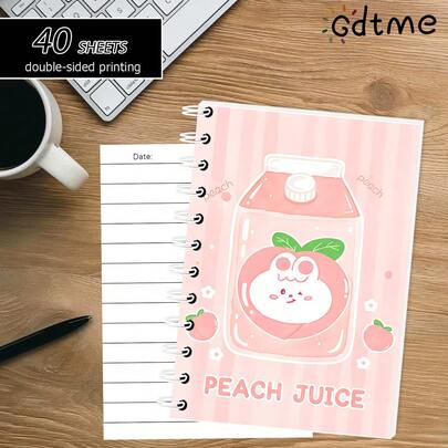 1pc Cute Peach Juice Bunny Pink Heart-Shaped Notebook, Double-Sided Printing, Double Spiral Binding. Cover Adopts Pink & White Striped Background With A Bottle Of Bunny Peach Juice