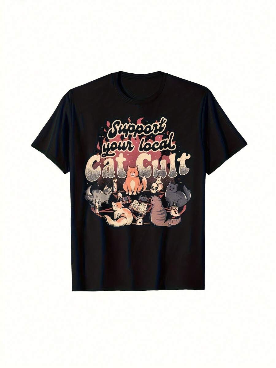 Men'S Vintage Cat Lover T-Shirt - port Your Local Ca Graphic with Cozy Fireplace & Tabby Ca Design, Soft Round Neck Casual Tee for Casual Attire, All-Season Comfort, R Cat rel for - Negro 27 - Ver 1