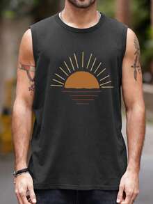 极简日出图案印花男士休闲宽松圆领背心，夏季新品 - 深灰色 - 查看 2