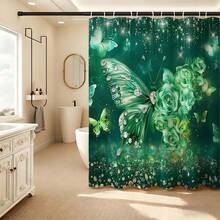 翡翠蝴蝶玫瑰闪亮钻石印花浴帘 180x180cm 涤纶防水防霉加厚可水洗梦幻浪漫风格浴室隔断帘奢华闪光花卉浴帘家居酒店公寓浴室装饰必备少女心浴室配件 - 寶石綠 - 查看 9