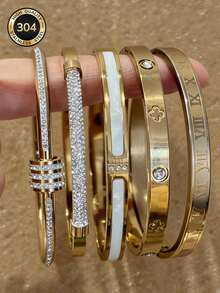 Znice 18K Gold Plated Stainless Steel Women's Fashion Bracelet Set: 5-Petal Flower Bracelet, 4-Leaf Clover Rhinestone Bracelet, High-Quality Crystal 4-Leaf Clover Bracelet. Waterproof, Fade-Resistant, Suitable For Daily Wear, Parties, Gifts For Friends And Family, Valentine's Day, Christmas, And Other Occasions - Gold - View 2