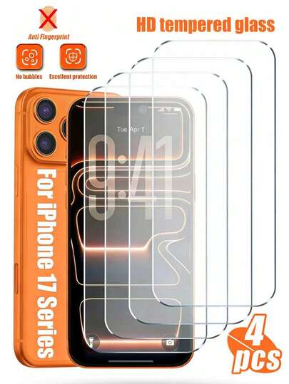 4pcs High Definition Tempered Glass Screen Protector Compatible With Iphone 17/17Pro/17Promax/17Air/11/12/13/14Pro Max/15Pro Max/16/16Pro/16Plus/16Pro Max/Xs/Xsmax, 9H Hardness, Transparent, Scratch-Resistant, Anti-Fall, Waterproof, Shockproof, Anti-Fingerprint, Full Screen Coverage