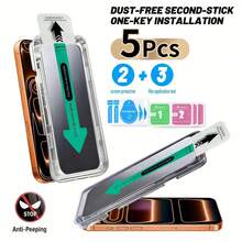 5片装无尘二合一隐私安全膜，兼容 17/16 Pro Max/16 Pro/16/15 Pro Max/15 Pro/15/14 Pro Max/14/13 Pro Max/13/12 Pro Max/12/11 Pro Max/11/XS/X/7/8/SE 2020/SE 2022，9H硬度，超清晰，防刮擦，防指纹，易于安装，防偷窥。 - 升級款5pcs(2張手機膜+3套貼膜工具) - 查看 2