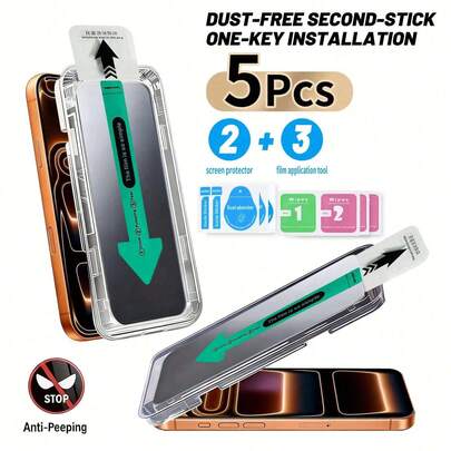 5片装无尘二合一隐私安全膜，兼容 17/16 Pro Max/16 Pro/16/15 Pro Max/15 Pro/15/14 Pro Max/14/13 Pro Max/13/12 Pro Max/12/11 Pro Max/11/XS/X/7/8/SE 2020/SE 2022，9H硬度，超清晰，防刮擦，防指纹，易于安装，防偷窥。