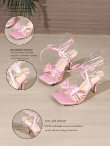 女士粉色高跟鞋，方头细高跟，时尚性感系带优雅舒适高跟凉鞋，适合夏季派对、宴会，迷人蝴蝶装饰缠绕式踝高跟鞋 - 粉色 - 查看 6