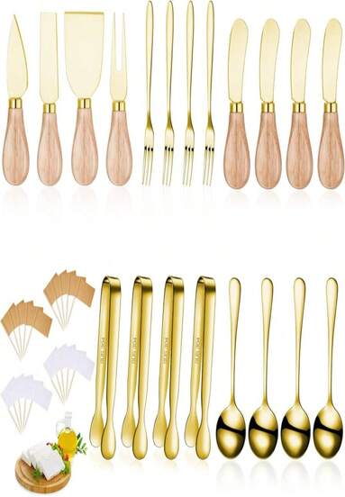 Charcuterie Board Accessories Spreader Knife Set Cheese Butter Spreader Knife Charcuterie Utensils With Wooden Handles Mini Serving Tongs Spoons Forks For Party Wedding Christmas (Gold, 20 Pieces)
