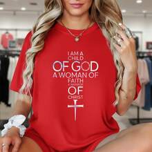 Women's Christian Graphic Cotton T-Shirt, "I Am A Child Of God" Faith Print Short Sleeve Tee, Casual O-Neck Religious Top, S-5XL Plus Size - Đỏ - Xem 1