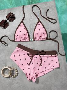 Bộ bikini nữ màu vàng chấm bi kiểu retro, thích hợp cho các buổi đi chơi, phong cách Y2K, dạo phố, nghỉ mát, bãi biển mùa hè. - Hồng - Xem 7